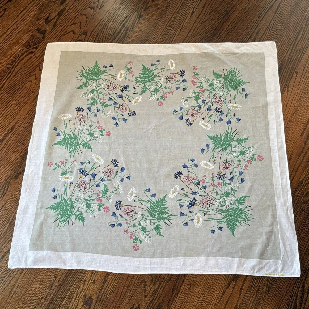 Vintage Norah Handpainted White Linen Floral Motif Sweden Cottage Core 35 X 33.5